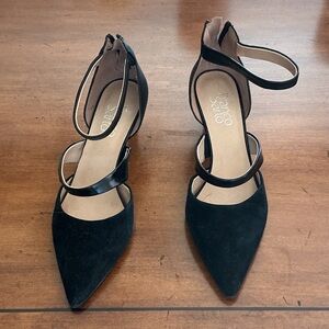 Franco Sarto Black Pointed Toe Ankle-Strap Heels